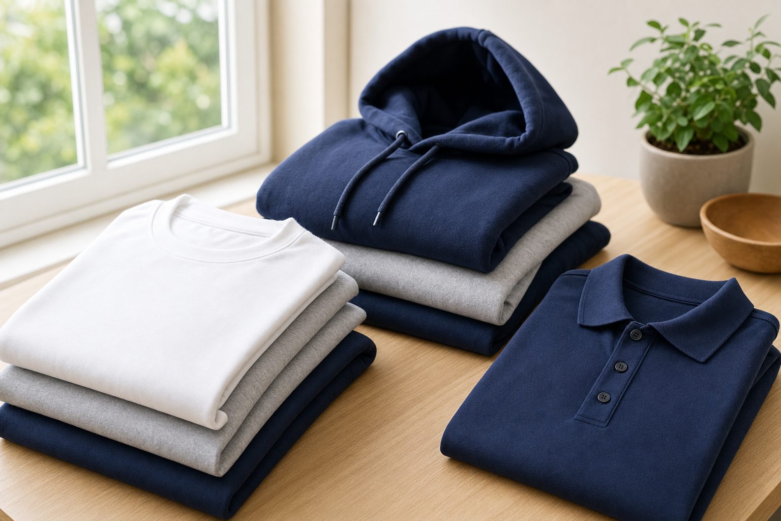 Folded stacks of custom t-shirts, a hoodie, and a polo shirt in navy, gray, and white on a wood table